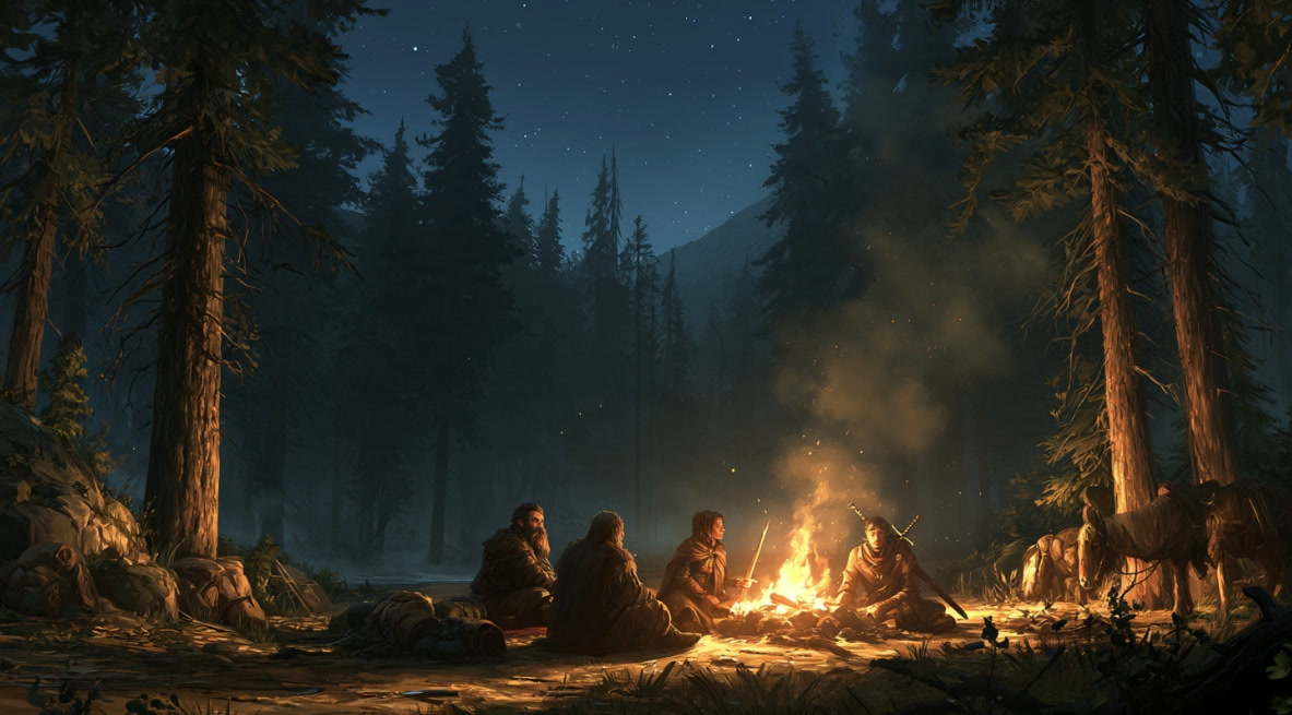 A small camp at night below dark pines, four travellers around a fire